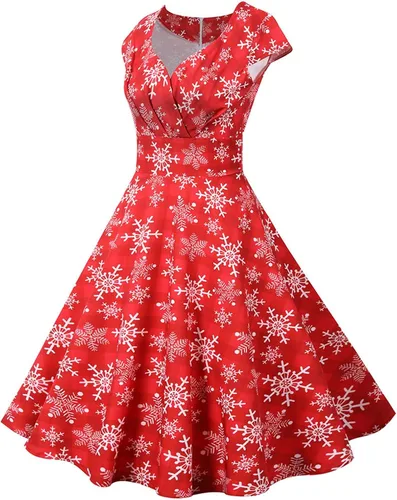 Vista 4 de ZEFOTIM Vestidos de Navidad para mujer, manga cortacapa, cuello en V, volantes, lindo, elegante, muñeco de nieve, reno, vestido de Navidad LY180