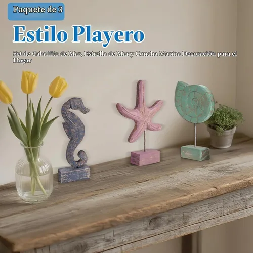 Vista 5 de 3pcs madera estrella de mar, caracola/caballito de mar estatua Multicolor