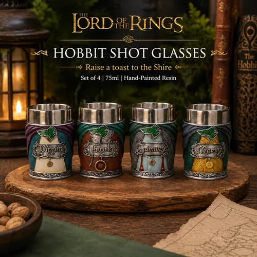 Vista 2 de Nemesis Now El Señor de los Anillos - Juego de 3 vasos de chupito, con Hobbits Frodo, Samwise, Pippin y Merry, coleccionables de resina pintados a