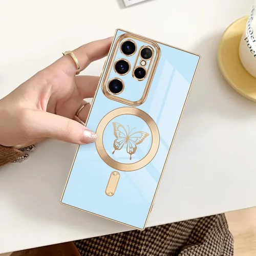 Vista 7 de Funda magnética para Samsung Galaxy S23 Ultra 5G, bonita funda de lujo con borde chapado de mariposa para mujeres, niñas y hombres, TPU suave, a