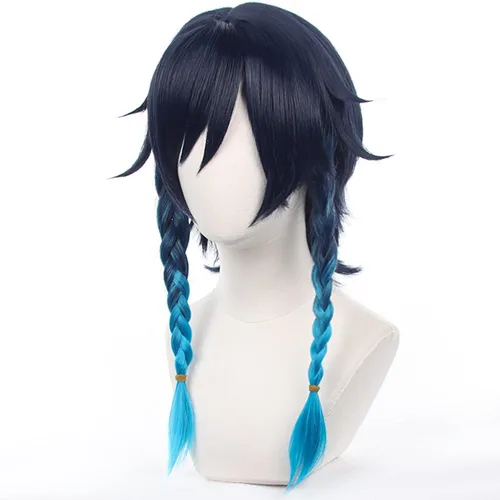 Vista 4 de Genshin Impact Peluca de anime Cosplay peluca Venti azul degradado de pelo corto con gorra de peluca gratis para Comic Con, espectáculo de cosplay