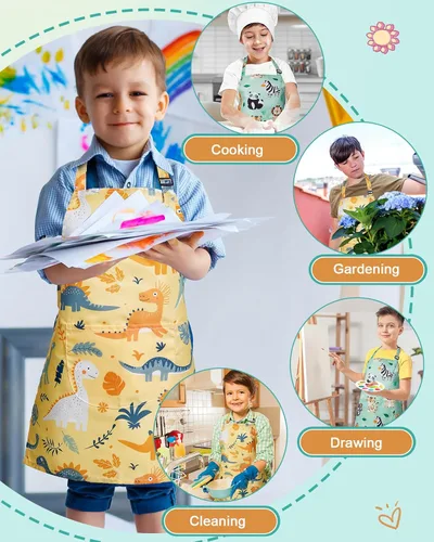 Vista 8 de Lictin Paquete de 2 delantales para niños y niñas para cocinar, delantal de arte impermeable con bolsillos para niños, pintar, cocinar, hornear