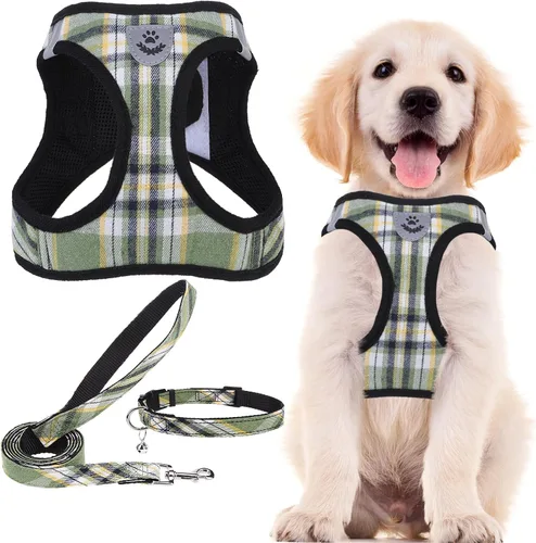 Vista 16 de PUPTECK - Arnés, collar y correa ajustables, sin tirones, para perros pequeños y medianos, cachorros y gatos, pechera reflectante acolchada de malla