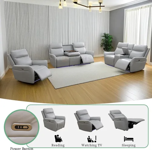 Vista 100 de Juego de sofá reclinable eléctrico, seccional de cuero transpirable beige, juego de muebles de sala de estar, 2 piezas, sofá reclinable eléctrico