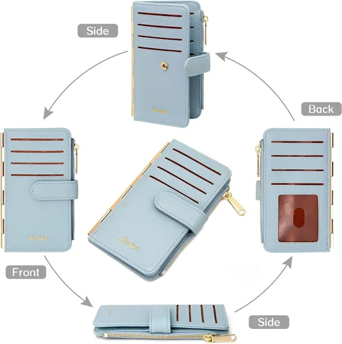 Vista 7 de Badiya Tarjetero de crédito para mujer, con bloqueo RFID, delgada, plegable, con bolsillo con cremallera y 3 ventanas para identificación
