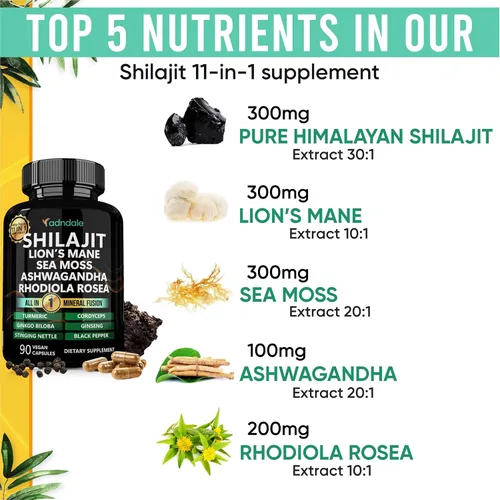 Vista 2 de Adndale Shilajit para hombres y mujeres. Cápsulas puras de Shilajit orgánicas del Himalaya con musgo marino Ashwagandha Rhodiola Rosea melena