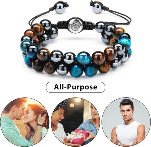 Vista 7 de 2 pulseras de cuentas de roca de lava, pulsera de triple protección, pulsera de hematita, obsidiana negra, ojo de tigre, pulsera de cuentas