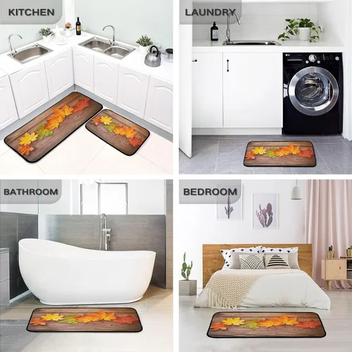 Vista 5 de Kitchen Rugs 2 Piece Waterproof Non Slip Kitchen Mat Maple Leaves on Wood Kitchen Rug Set for Sink Office Kitchen Cafe, 19.7"x47.2"+19.7"x27.6