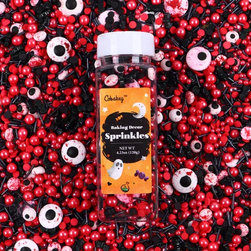 Vista 3 de Gránulos oculares para decoración de pasteles, chispas de perlas negras y rojas con murciélagos negros y dulces de globo ocular, perfectos