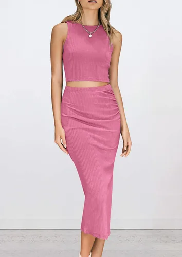 Vista 6 de PRETTYGARDEN Conjunto de 2 piezas de verano para mujer, cuello redondo, sin mangas, con abertura, falda midi