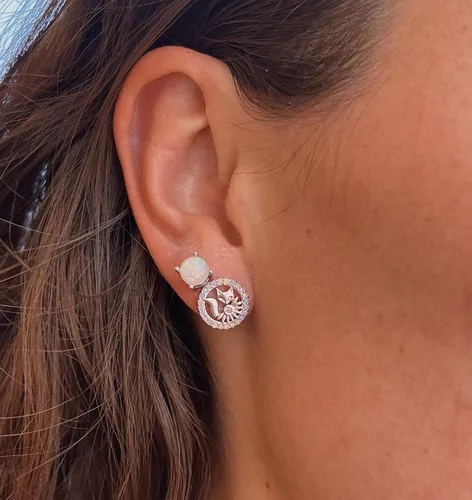 Vista 3 de Aretes de plata de ley de ópalo, aretes de ópalo de fuego, 0.236 in redondos para mujeres y niñas, ópalo azul, 4 puntas de plata de ley sensible