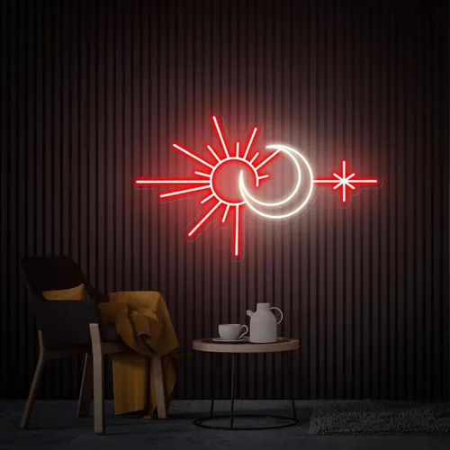 Vista 2 de Letrero de neón personalizado de sol y luna para decoración de pared, decoración personalizada de neón para dormitorio, sala de estar, meditación