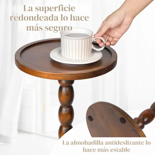 Vista 9 de Mesa auxiliar redonda con pedestal de madera maciza con borde superior de bandeja – Mesa auxiliar giratoria de bobina para sala de estar