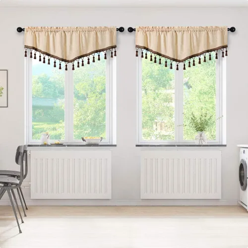 Vista 5 de ELKCA Cortinas de doble cara de felpilla para ventana de cocina, 52x18, bolsillo para barra, cenefa color beige para sala de estar, paquete de 1