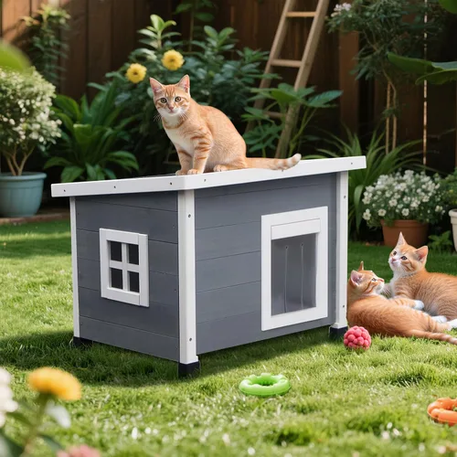 Vista 3 de Agitree Casa de madera para mascotas al aire libre, refugio de invierno resistente a la intemperie para perros y gatos, diseño elevado con ventana