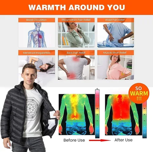 Vista 5 de Chaqueta térmica para hombres y mujeres, carga USB, 19 zonas de calefacción, calentador de cuerpo eléctrico, abrigo con capucha, cálido para invierno