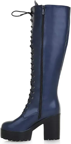 Vista 77 de Parisuit Botas góticas altas hasta la rodilla con hebilla de plataforma para mujer, tacón alto grueso, con cordones, botas de combate punk, con Negro