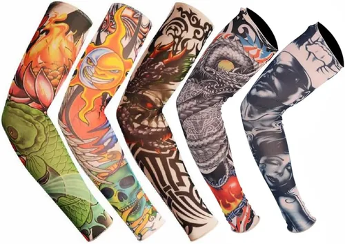 Vista 10 de Falsas mangas temporales de tatuaje resbalón en el brazo protector solar cuerpo arte brazo medias 5 piezas negro