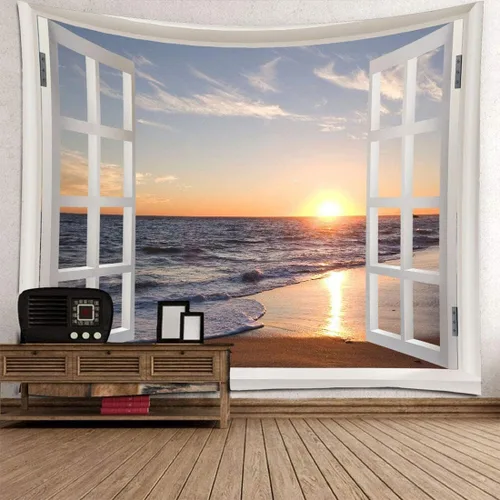 Vista 2 de Homiest Tapiz 3D oceánico para colgar en la pared, sol, puesta de sol, mar, playa, paisaje, tapiz para ventana, tapices para dormitorio, sala