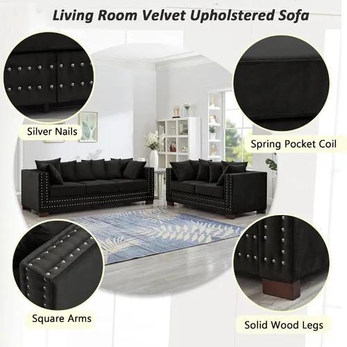 Vista 3 de Harper & Bright Designs Juego de sofá tapizado de terciopelo moderno de 2 piezas de 2 + 3 plazas con espacio de almacenamiento, sofá biplaza y sofá