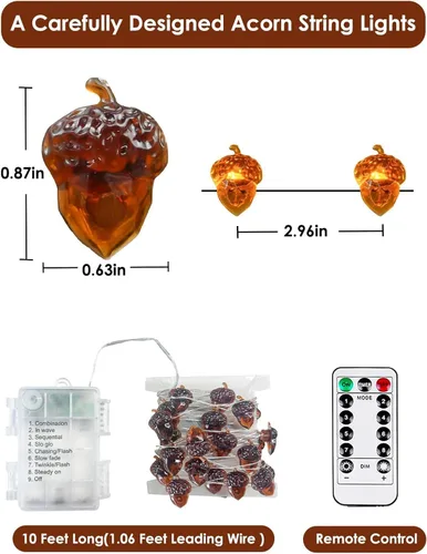 Vista 6 de 30LED Acorn Fairy Lights Battery Operated Fall String Lights Indoor Decor Remote Control, 8 Lighting Modes, IP44 Waterproof, Timer & Dimmable