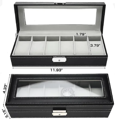 Vista 2 de NovelBee Cajas de reloj con 6 ranuras, vitrina rectangular para relojes con tapa de vidrio y almohadas extraíbles para hombres y mujeres
