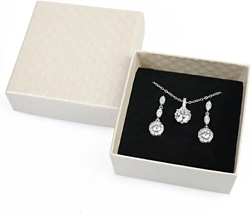 Vista 7 de Collar de moda para mujer, pendientes de circonio cúbico de corte redondo, collar colgante y pendientes (blanco)