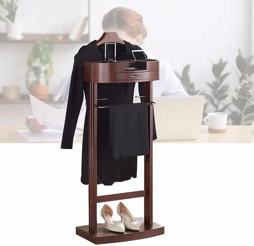 Vista 8 de Soporte de valet de madera para trajes, soporte de valet de madera, perchero de pie para ropa de pie con colgador de ropa y riel para pantalones