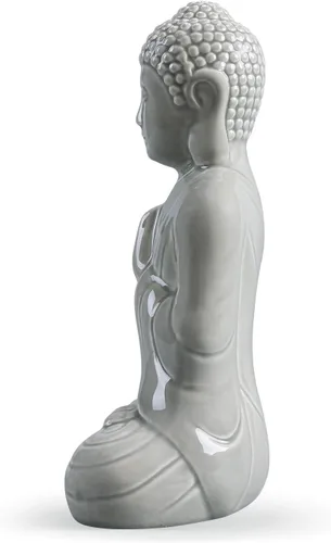 Vista 4 de Figura de Buda rezando de cerámica, estatua mediana serena (11 pulgadas de alto, gris)