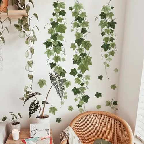 Vista 2 de Runtoo Calcomanías de pared colgantes de vid, hojas de hiedra verde, calcomanías de pared para dormitorio, sala de estar, decoración artística