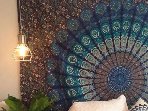 Vista 2 de Tapiz para pared con diseño hippie de mandala, bohemia e hindú Azul y verde