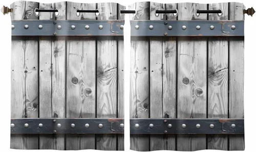 Vista 10 de Cortinas de ventana con ojales, cortinas de cocina, puerta de granero rústica con textura de grano de madera, 2 paneles de cortinas de tratamiento