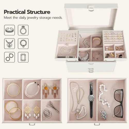 Vista 5 de HOOBRO Joyero para mujer organizador de joyas grande de 4 niveles organizador de joyas de viaje con tapa de cristal amplio espacio de almacenamiento