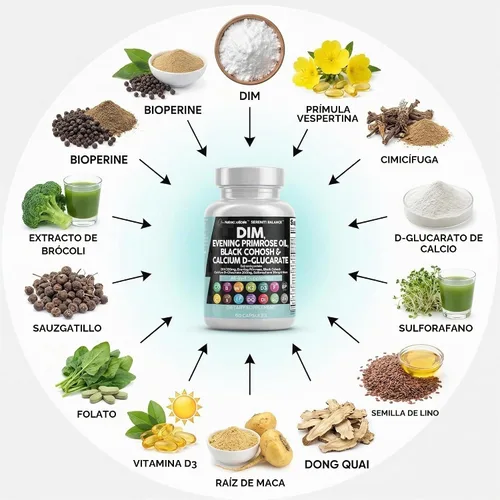 Vista 4 de Clean Nutraceuticals DIM Evening Primrose Black Cohosh Calcio D-Glucarato Sulforafano Extracto de semilla de lino – Vitaminas de apoyo hormonal