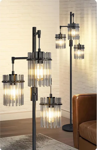 Vista 10 de Lámparas de pie industriales modernas para sala de estar, lámparas altas de pie de árbol de vidrio regulables con 3 elegantes cabezales de jaula
