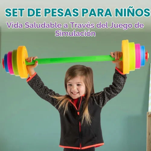 Vista 4 de Juego de Pesas para Niños - Barra con 8 Placas Ajustables - Gimnasio de Juego Interior para Niños Juego de Entrenamiento para Niños Pequeños