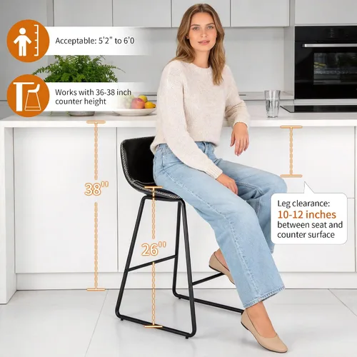 Vista 5 de HeuGah Juego de 2 taburetes de bar de piel sintética, sillas de comedor con patas de metal y respaldo suave, fáciles de montar