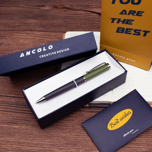 Vista 2 de Ancolo Juego de bolígrafos personalizados de regalo de oficina con caja para bolígrafos, tarjeta de regalo, cuerpo de metal grabado con tu mensaje