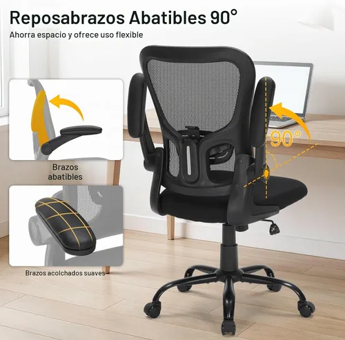 Vista 6 de Silla de oficina ergonómica de malla, soporte lumbar ajustable, brazos abatibles, silla giratoria para computadora con respaldo transpirable