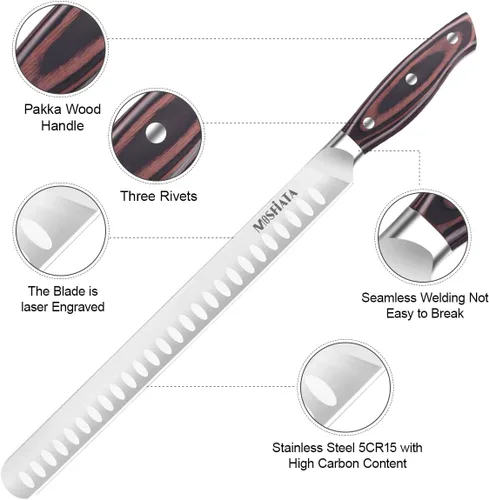 Vista 4 de MOSFiATA Cuchillo de corte de 12 pulgadas – Cuchillo de corte de carne – Acero alemán de alto carbono forjado – Diseño de mango ergonómico – Con