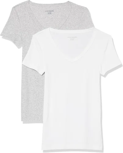 Vista 20 de Amazon Essentials Camiseta ajustada de manga corta con cuello en V para mujer, paquete de 2 Negro