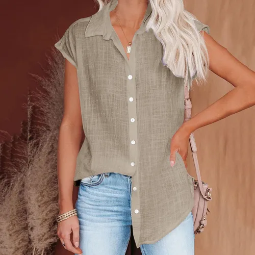 Vista 66 de Ceboyel Camisas para mujer de moda de verano, algodón, lino, manga corta, cuello con botones, blusa casual para mujer 2023