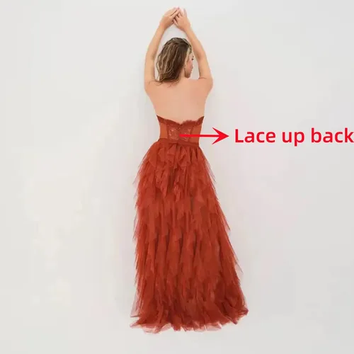 Vista 2 de SanLIJIAN Vestido de fiesta de tul para mujer, con encaje, plisado, con abertura, longitud hasta el suelo, vestidos de fiesta con cola