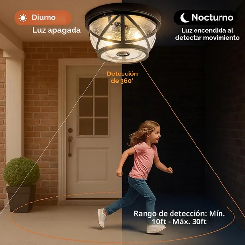 Vista 2 de Lámpara de techo con sensor de movimiento, montaje empotrado para exteriores, manual del atardecer al amanecer, negro mate, impermeable, lámpara
