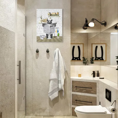 Vista 3 de Fuzawet Arte de pared de oso para decoración de baño, lienzo de lectura de periódico, negro en el inodoro, imágenes divertidas de animales