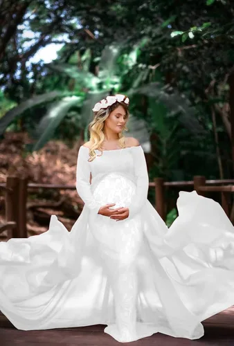 Vista 6 de ZIUMUDY Vestido de maternidad para sesión de fotos de manga larga con hombros descubiertos vestido de encaje ajustado con capa larga de gasa trian