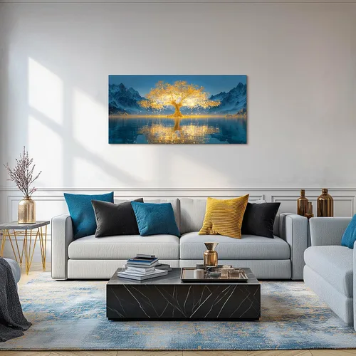 Vista 3 de SLYCAY Lienzo grande con árbol de la vida dorado para pared, pintura de paisaje, naturaleza, nieve, montaña, lago, paisaje, decoración de pared