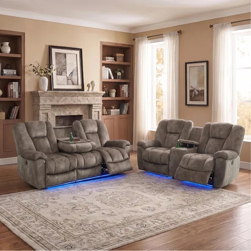 Vista 11 de Sofá reclinable con luces LED, sofá reclinable de cuero con dos asientos reclinables/puerto USB/consola de almacenamiento/soporte para vasos