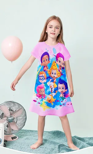 Vista 3 de Vestido de dibujos animados de burbujas para niñas pequeñas vestidos con estampado Guppy para niños vestido camisero de 3 a 6 años