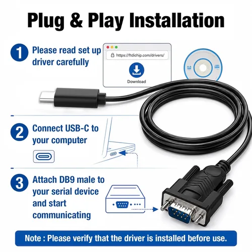 Vista 5 de Cyberguys! USB-C to RS232 DB9 Male Serial Cable with FTDI Chipset, 6 FT
